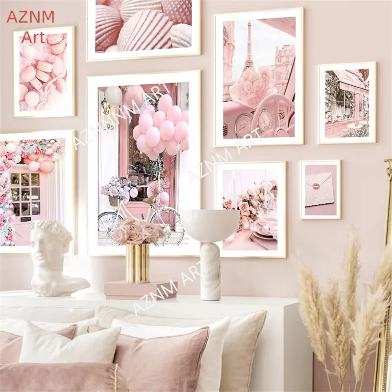 1PC Pink Flower Balloon Paris Tower Car Street Wall Art Mural Print Canvas Painting Landscape Poster Decor Pictures Living Room