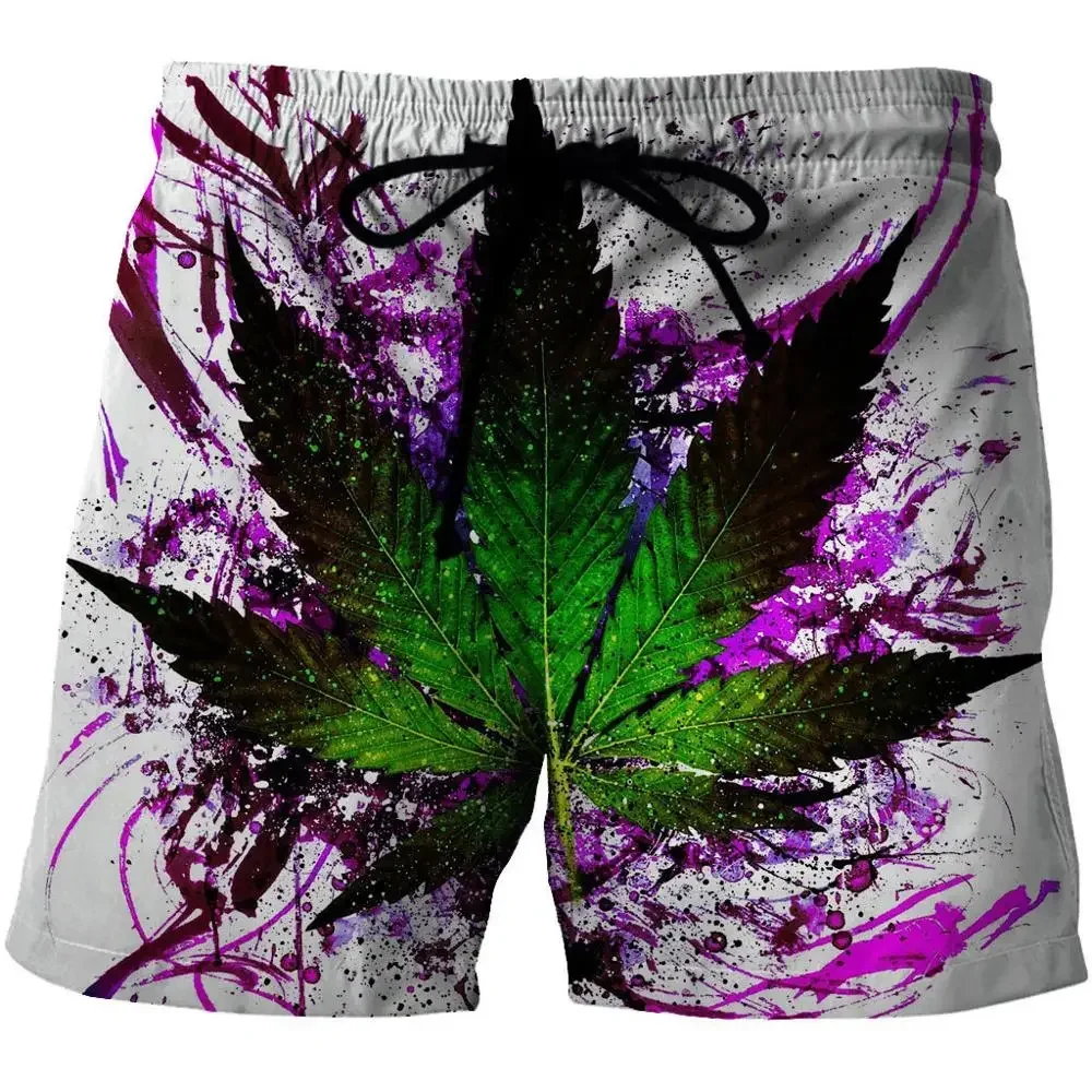 3D Print Cannabis Pattern Beach Shorts Men Summer Loose Surfing Shorts Quick Dry S-XL Swim Trunks