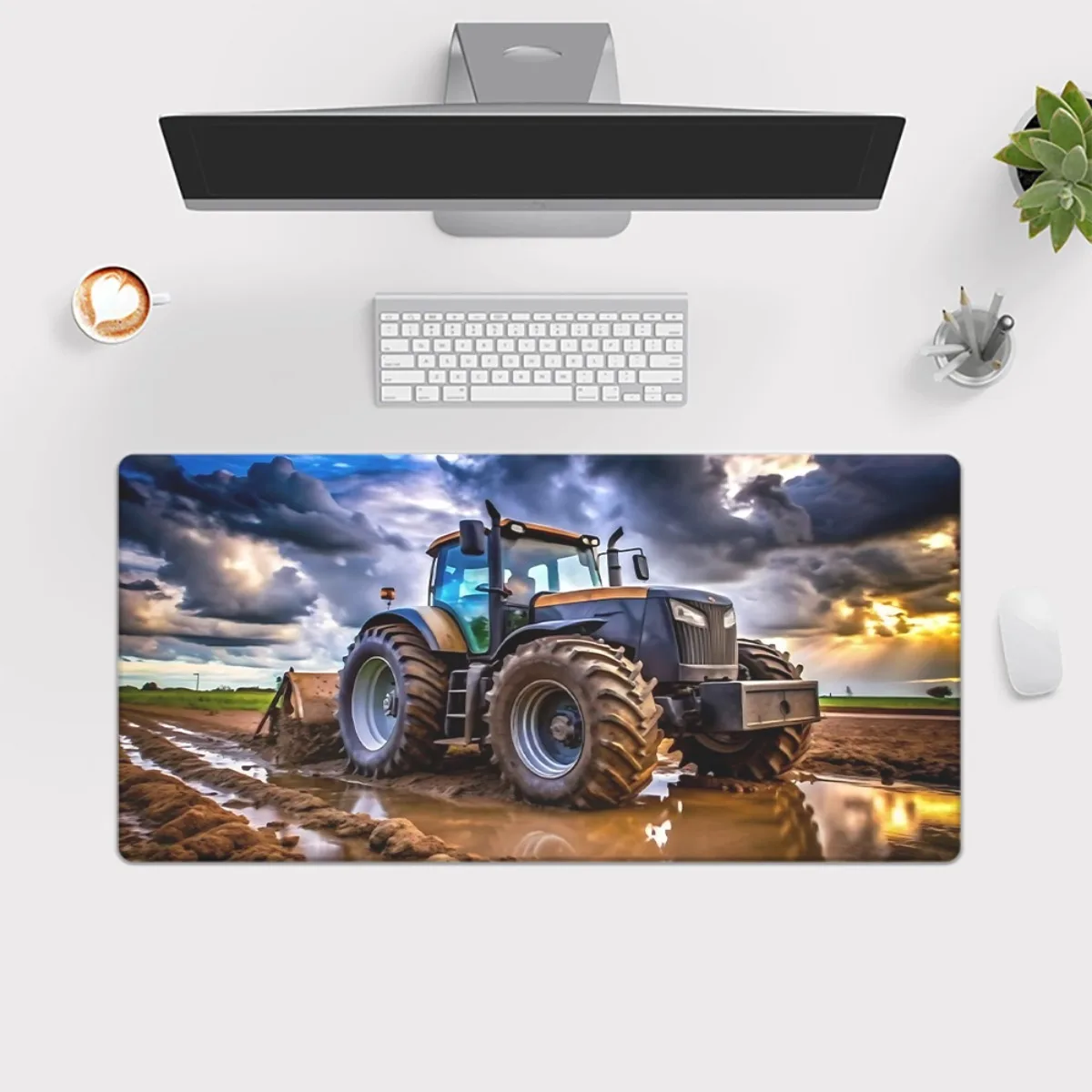 Tractor in Mud Field Extended Desk Mat Rubber Gaming Mouse Pad for Office PC Gamer