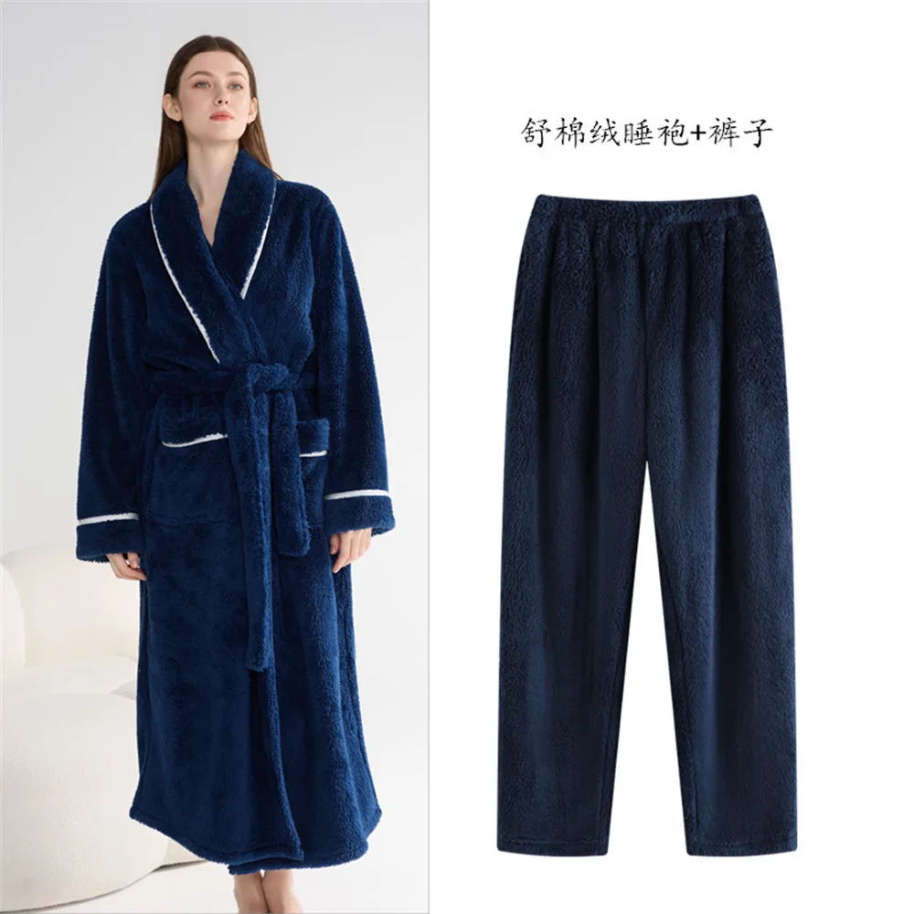 Autumn Flannel Long Robe Pants Pajamas Set Winter Thickened Warm Trouser Pijamas Suit Loose Coral Fleece Homewear
