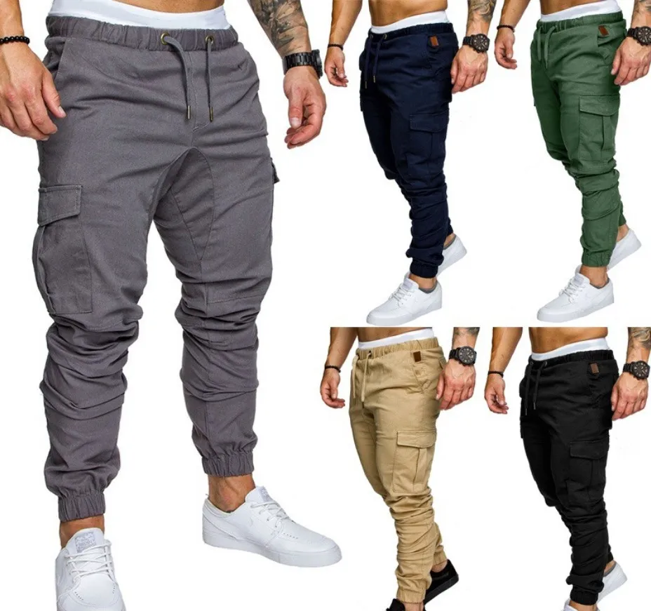 

New Men's Cargo Pants Multiple Pocket Trousers Solid Color Pockets Drawstring Casual Sports Running Pants Fitness Training Pants