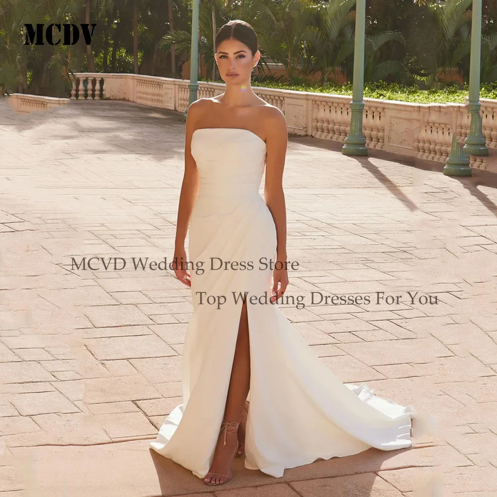 

MCDV Mermaid Wedding Dresses 2025 Bridal Strapless Side Slit Pleat Satin Bridal Dress Ivory Simple Wedding Prom Gowns Customized