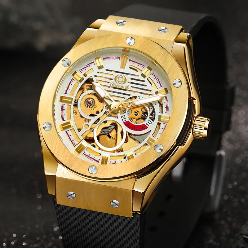 

Новые мужские механические часы: трендовые деловые автоматические часы с силиконовым ремешком и полым циферблатом