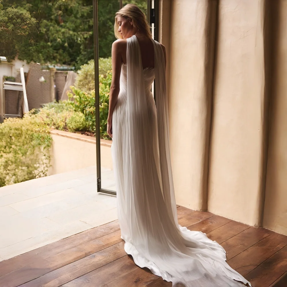 Customized Chiffon Modern Wedding Dresses V-Neck Sleeveless Detachable Scarf High Side Slit Floor Length Train Bridal Gowns 2026