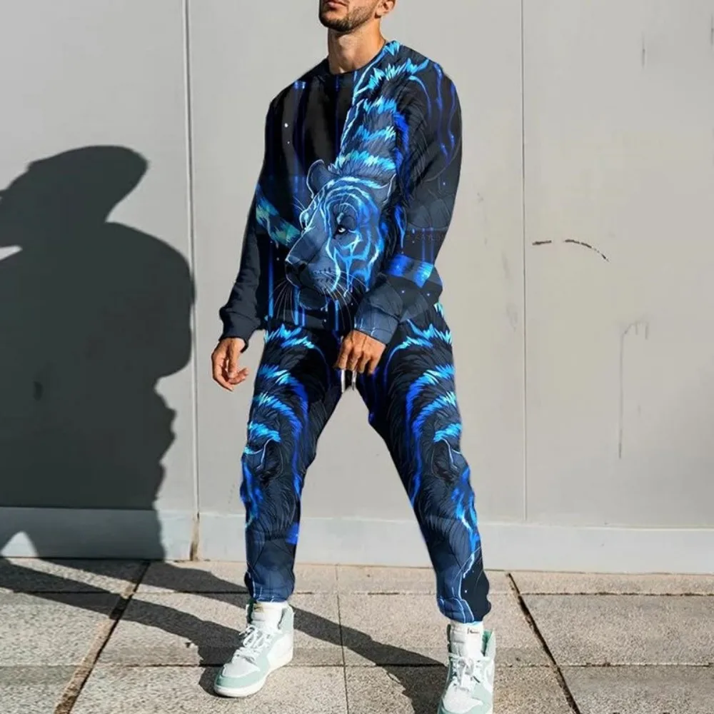 

Summer men's fashionable lion print comfortable and breathable round neck long sleeved pants set outdoor high street clothing