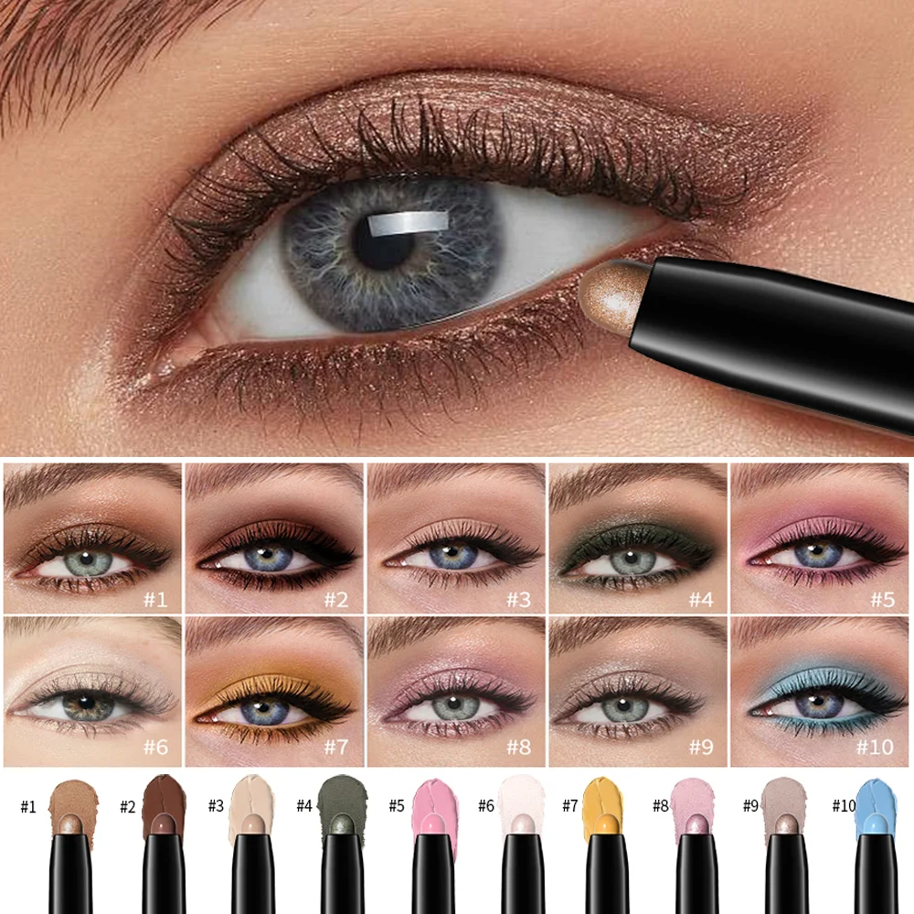 Lakerain 10 Colors Eyeshadow Pencil Stick Waterproof Crease‑proof Long Lasting Glitter Shimmer Matte Highlighter Pen Eye Makeup Wholesale