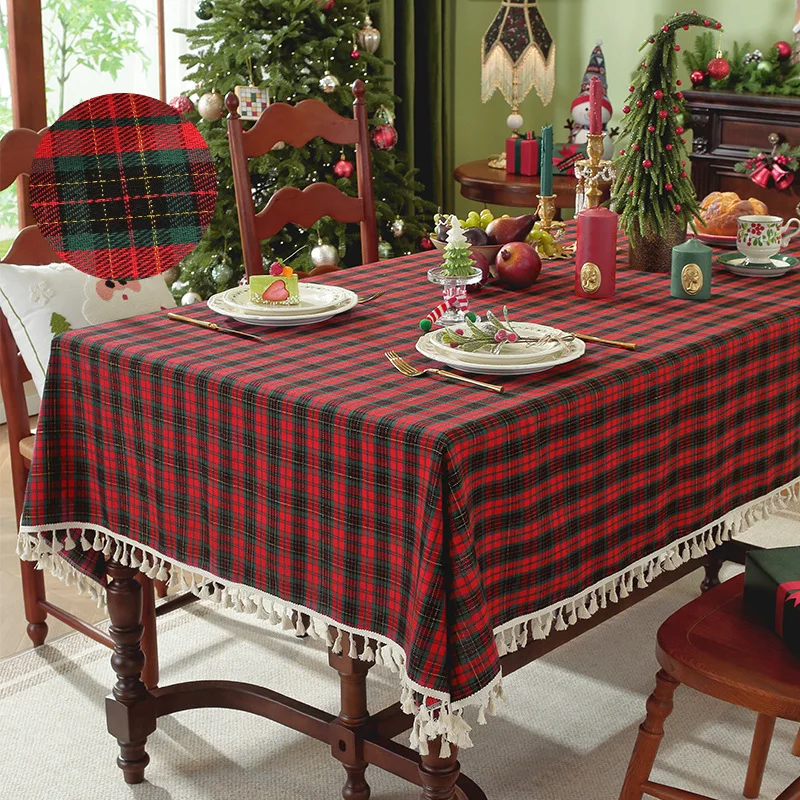 

Festive Red and Green Check Tablecloth with Decorative - Woven Poly-Cotton Christmas Red Checkered Cloth for Centerpiece Decor