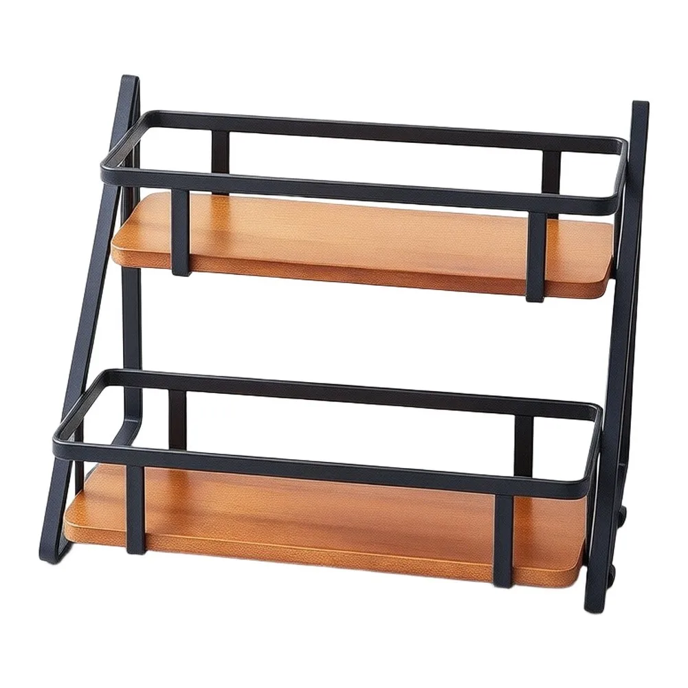 Natural Wood 2 Shelf Storage Rack with Sloped Base for Kitchen Bath Desk Use Spice Makeup and Skincare Organization