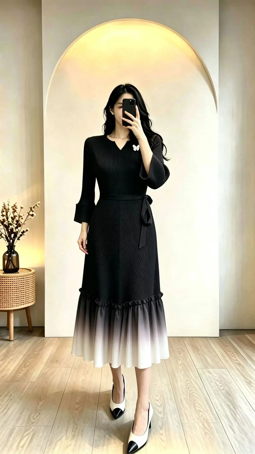 2026 Autumn New Lace Lace Gradual Change Temperament Fashion Miyake V Neck Design Sense Commuter Dress