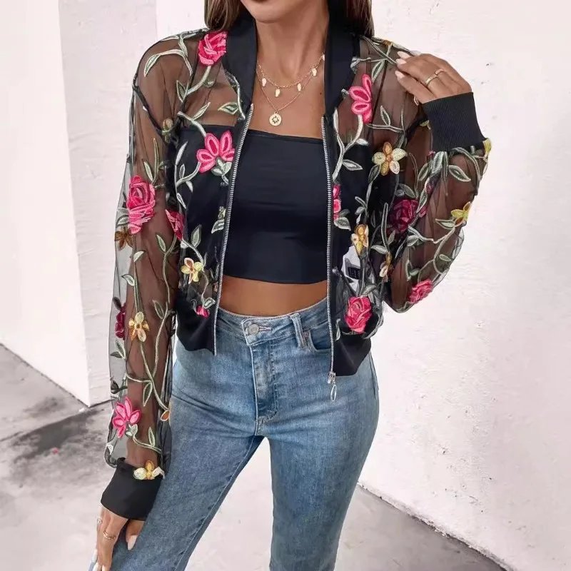 

Женские топы, осенняя новинка, цветочная вышивка, воротник-стойка, кружевная сетчатая куртка с длинными рукавами, модное полое пальто на молнии с карманами
