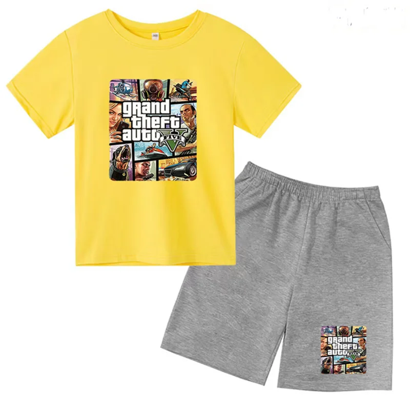 Grand Theft Auto GTA 5 conjunto de manga corta para niños y niñas, camiseta de cuello redondo y pantalones cortos, ropa de moda de algodón de ocio