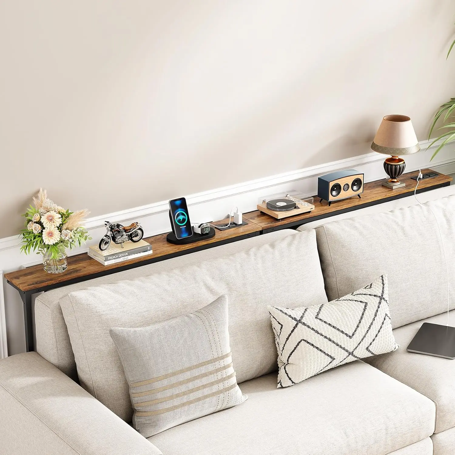 2-Pack Narrow Console Sofa Tables Adjustable Height 25-33 Inches 2 Power Outlets Skinny Behind Couch 79 Inches Long 5.9 Inches