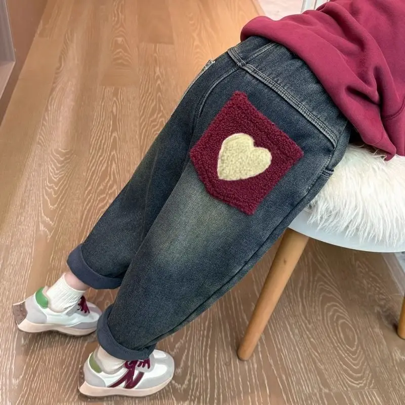 Girls Fleece Lined Jeans Winter Thick Warm Loose Pants Baby Kids Casual Denim Trousers