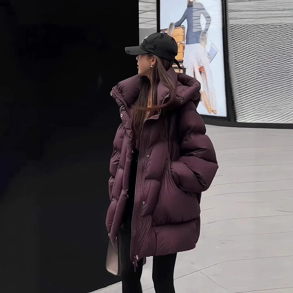

Winter new puff down jacket women's medium and long hooded thickened white duck down warm loose coat