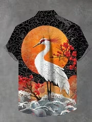 Men's Shirt Red Crowned Crane Wave Plum Blossom Print Short Sleeve Turn Down Collar Loose Summer Casual Top Men Clothing
