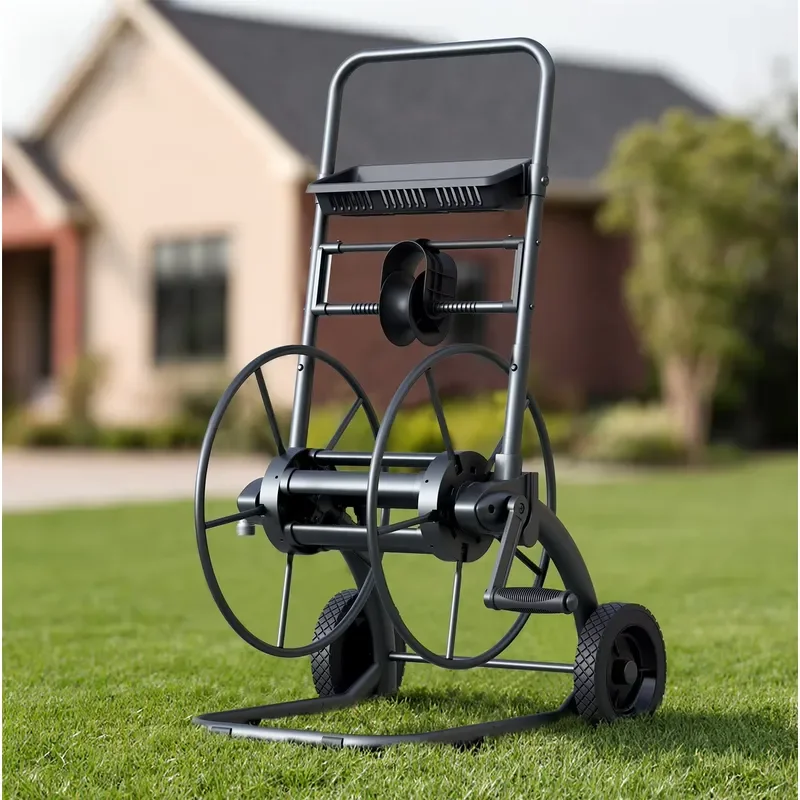 High-Capacity Garden Hose Reel Trolley Sturdy Mobile Hose Winding Cart with Storage Rack for Commercial & Residential
