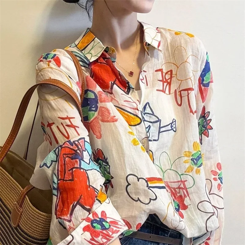 Fashion Spring and Summer Retro Graffiti Printing Lapel Cotton Shirt Women's Thin Loose Cardigan Loose Sunscreen Shirt Tide New