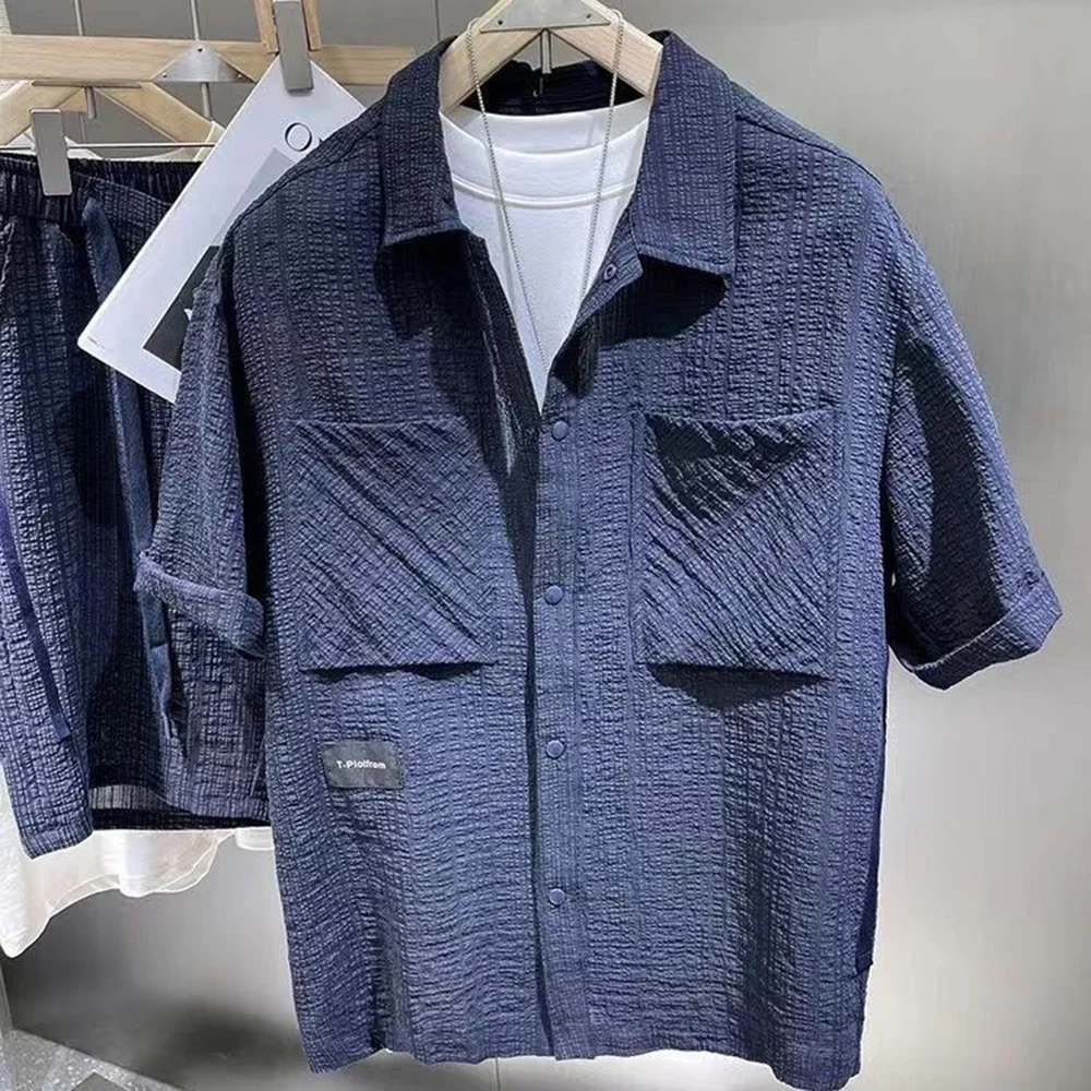 Mens Short Sleeve Shorts Set Casual Chic Workwear Style Wrinkled Striped Texture Top Shorts Trendy Comfort Relax Fit Summer 2024