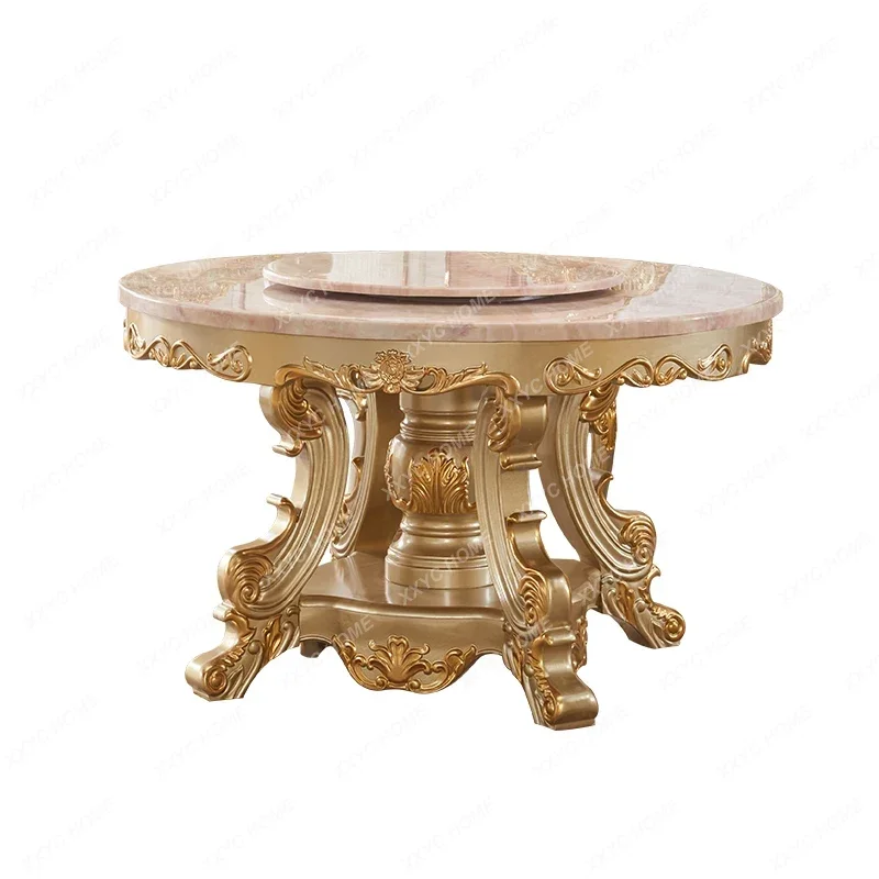 dining table Golden solid wood Household round dining table with turntable Marble dining table and chairs