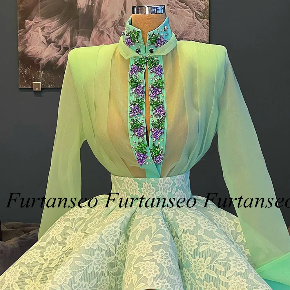 Mint Cocktail Dress Homecoming Gown Customized Long Sleeves Two Pieces Puffy Crystals Saudi Short Evening Party Dresses