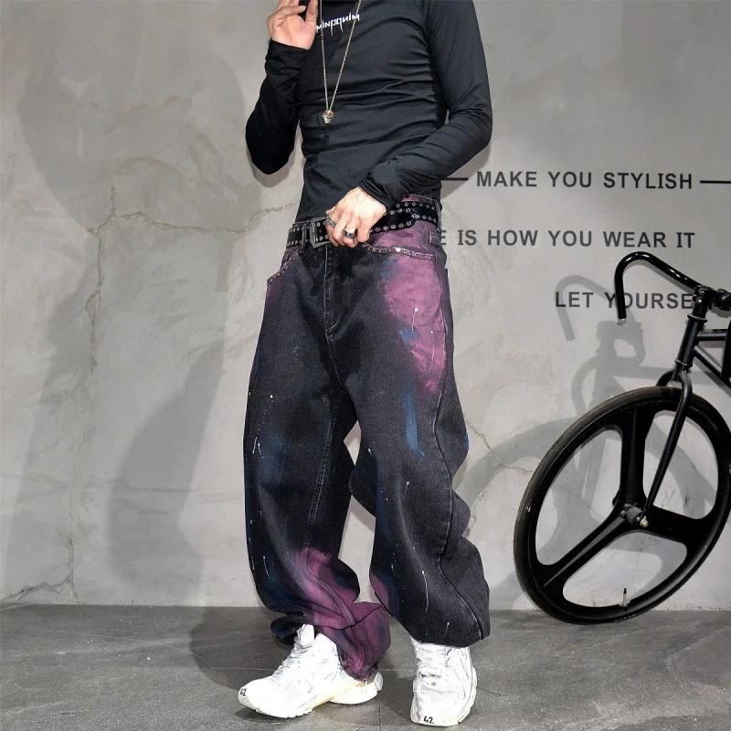 

Винтажные американские джинсы в стиле стритвир с граффити для мужчин, свободные прямые широкие джинсовые брюки в стиле High Street