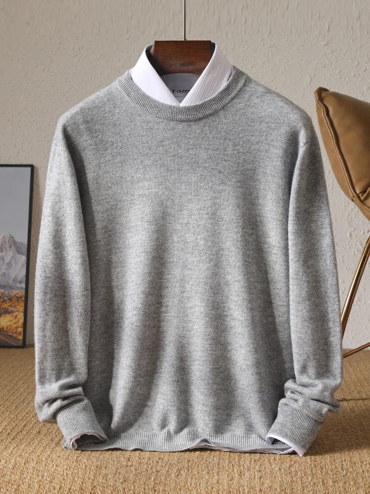 Chic Autumn Soft Warm Knitwear Fashion O-Neck Business Sweater 100% Merino Wool Casual Loose Solid Color Basic Tops