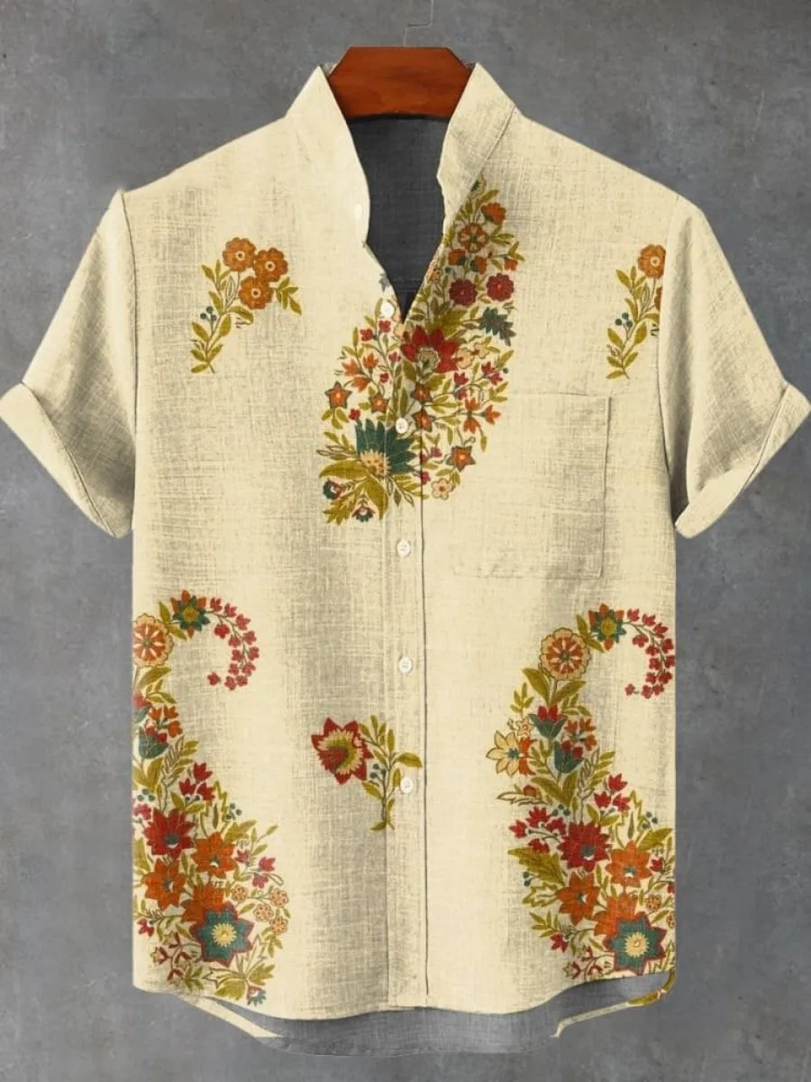 

New men's comfortable short-sleeved shirt with fashionable symmetrical patterned artistic print, casual collar, quick delivery