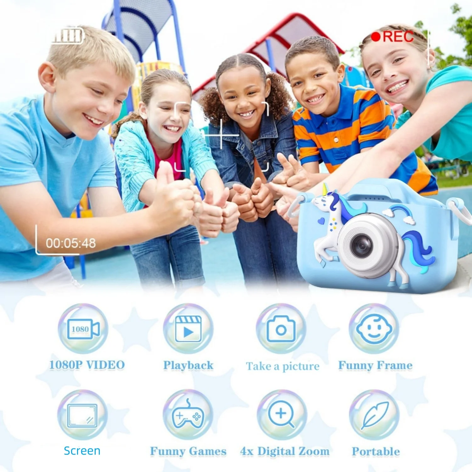 INOCTI Dziecięce Aparaty Jednorożec Silikonowe Etui Podwójne Aparaty Fotograficzne dla Dzieci Aparat Wideo HD Zabawki Prezenty na Boże Narodzenie Urodziny