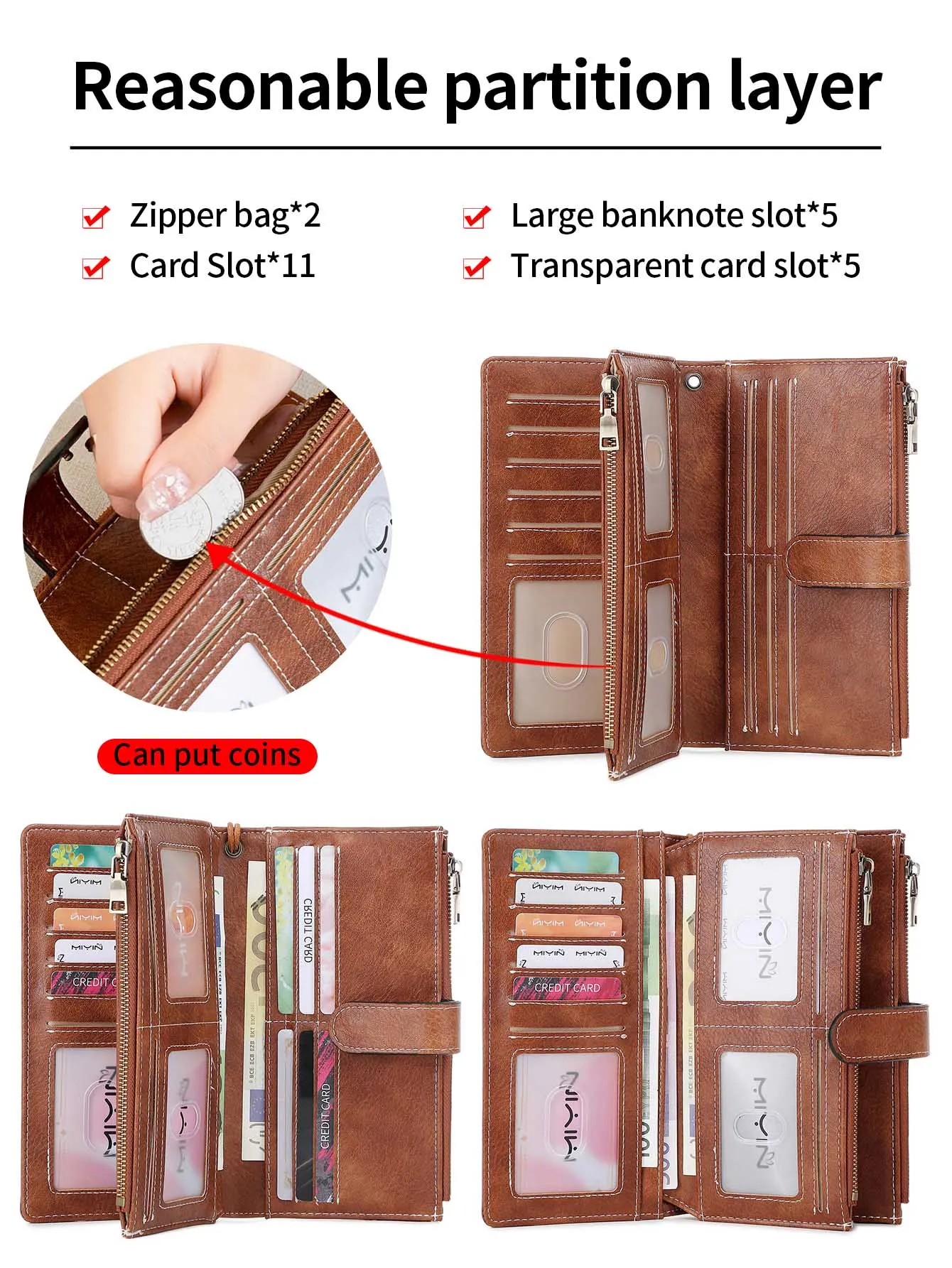 Simple Women's Wallet RFID Double Zipper Long Wallet Large Capacity Trifold Credit Card/Card Holder Women's Wristlet Wallet