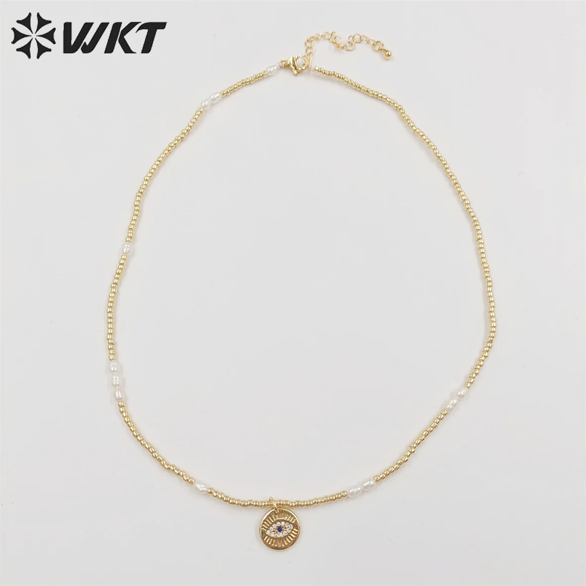 

WT-JN179 WKT New Design Elegant Tiny Gold Beads Adjustable Necklace Lady Small Charm Evil Eye Pearl For Friends Present