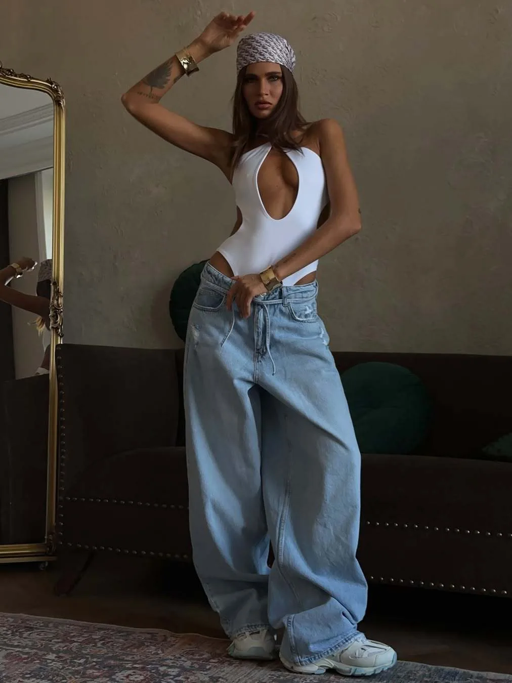 2025 High Waist Drawstring, Design Sense, Women Jeans, Loose Flared, Washed Light Blue, Women Wide Leg Pants