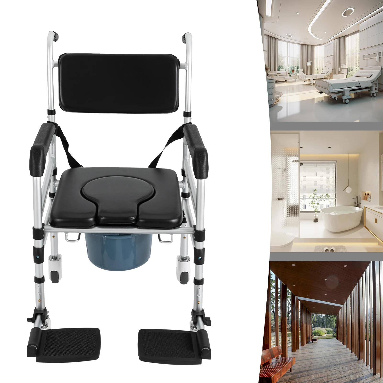 Folding Toilet Chair with Wheels Adjustable Shower Chairs for Elderly Disabled Home Use Mobile Bath Safety Rehabilitation