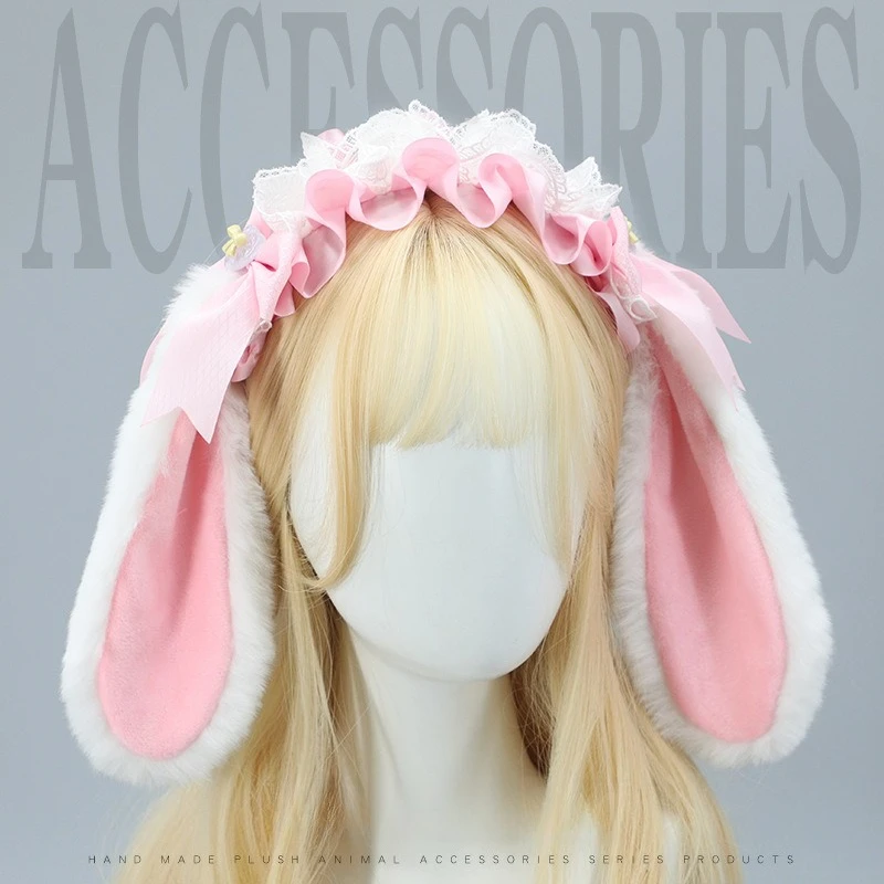 

Kawaii Fluffy Lace Ribbon Lolita Headband Cosplay Bunny Ears Hairband Cute Animal Ear Hair Accessories for Anime
