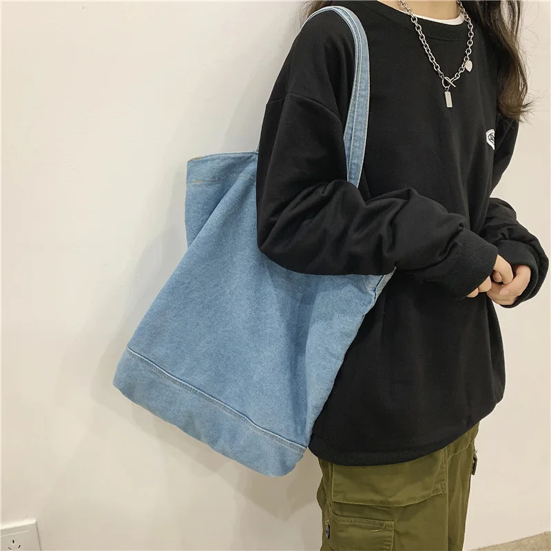 Wear-resistant denim hand-held shopping bag, single-shoulder bag for girls, large-capacity computer storage, student backpack