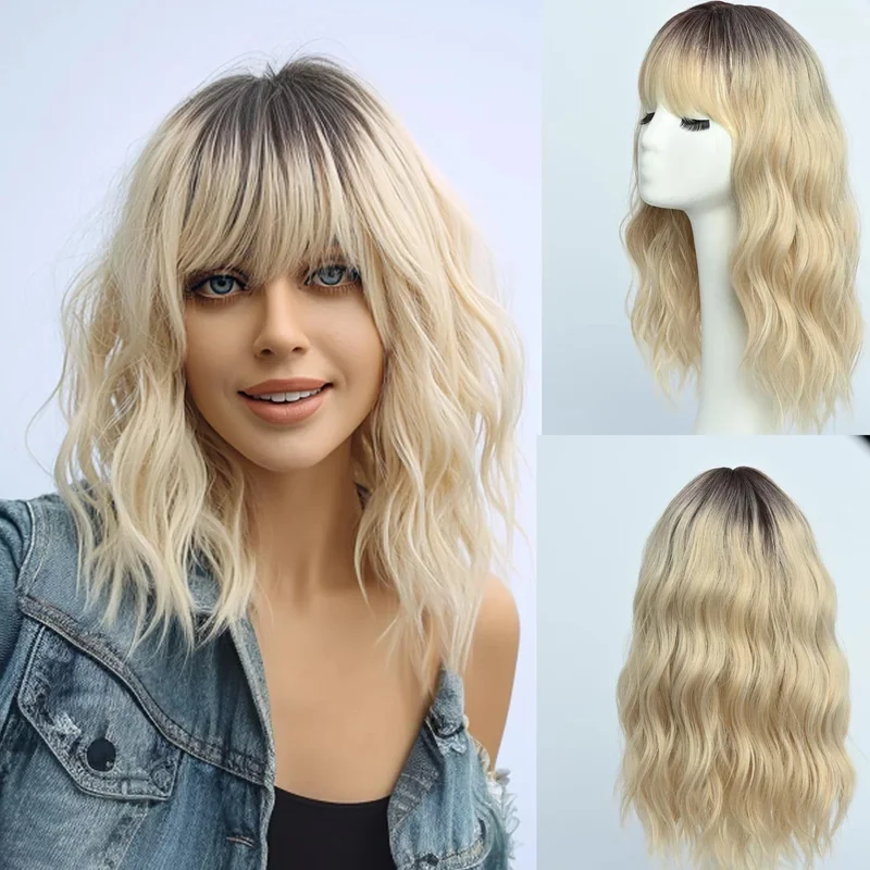 Real Hair New Fashion Beautiful Women's Long Blonde Brown Wavy Wigs 16In