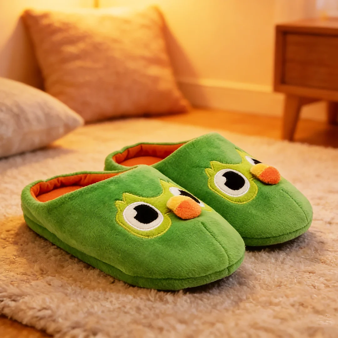 YanQing Cartoon Green Owl Plush Slippers Cute Animals Stuffed Shoes Women Men Indoor House Soft Shoes Birthday Gifts
