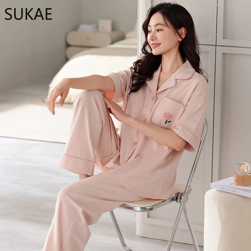 SUKAE M-4XL Summer Lady Pijama Women Clothing Underwear Short Sleeves Full Pants Cardigan Pajama Turn-down Cotton Sleepwear