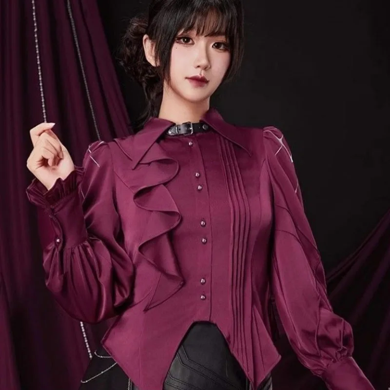 日本不規則なスプリットブラウスシングルブレストグランジボディコンシャツ女性原宿ヴィンテージフリル襟 Blusas Y2k 美的