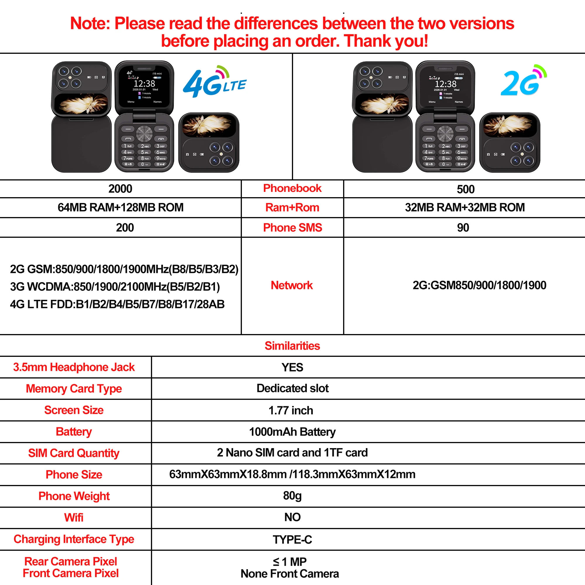 SERVO I18 mini 2G GSM/4G LTE Network Flip Mobile Phone 1.77-inch Screen Dual SIM FM Radio Flashlight Blacklist Mobile Phones