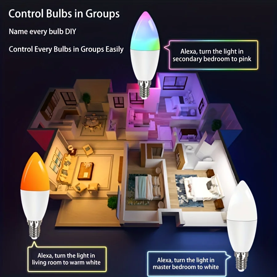 Lâmpada LED inteligente com controle de voz, lâmpada de vela regulável, Tuya, WiFi, Bluetooth, E14, RGBCW, Smart Life APP, Alexa, Google, 5W, 2 pcs