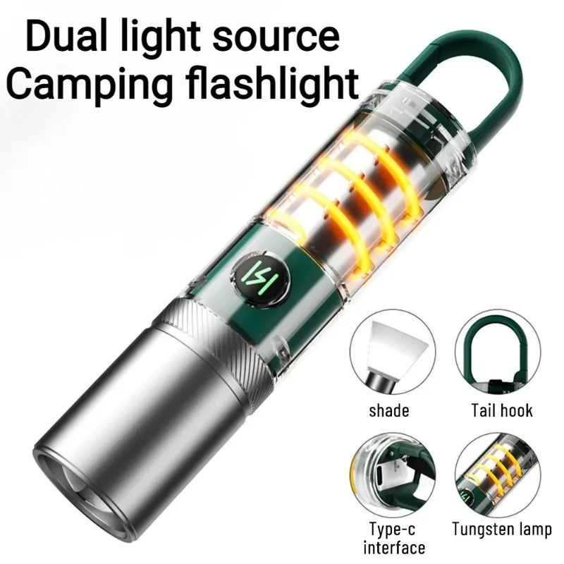 

Мини-многофункциональный светодиодный фонарик с двойным источником света для кемпинга, зарядный зум-фонарик типа C с хвостовым крючком для кемпинга на открытом воздухе