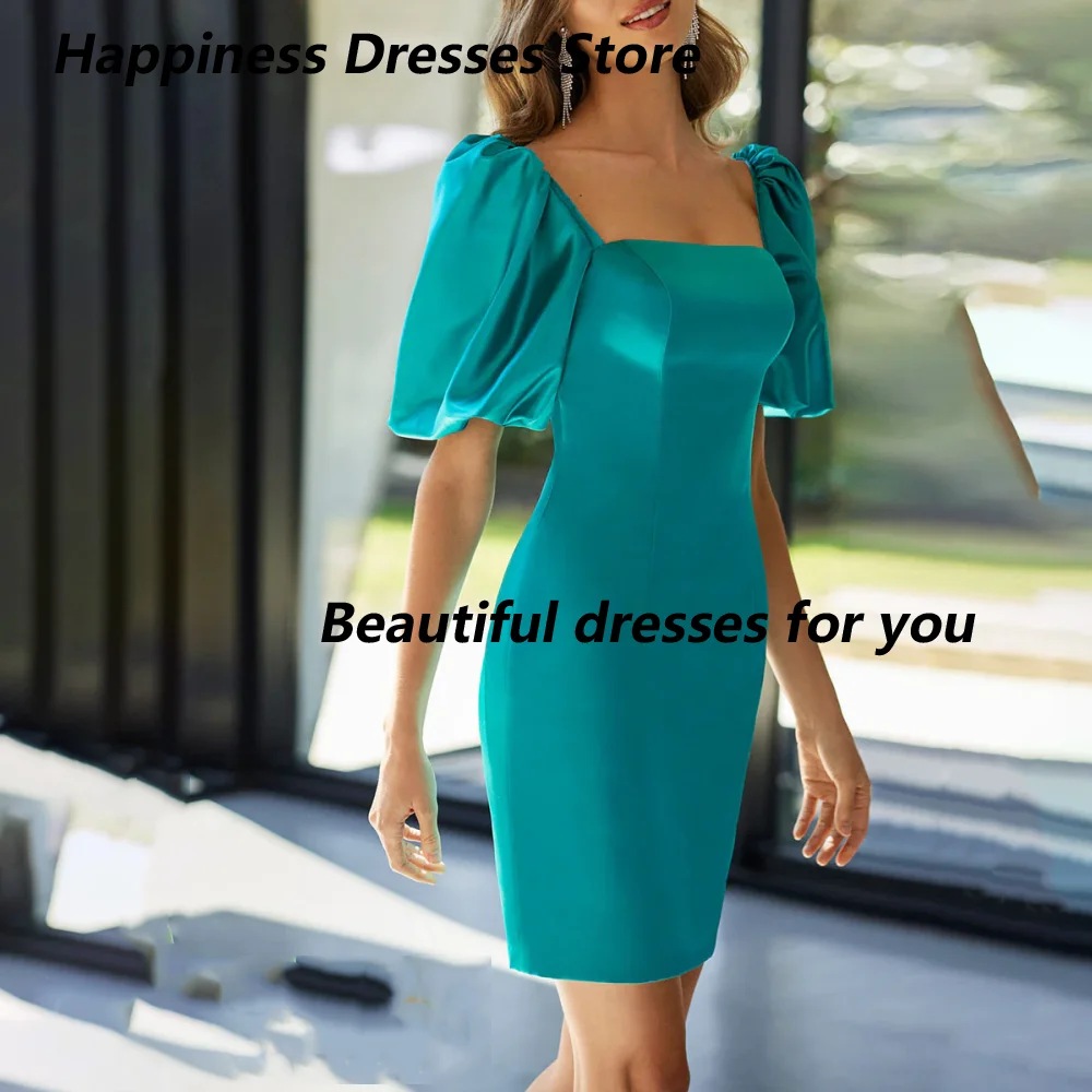 Customized Teal Square Neck Mother Of Bride Dresses Puff Short Sleeve Satin Back Cut Out Sheath Mini Length Wedding Guest Dress