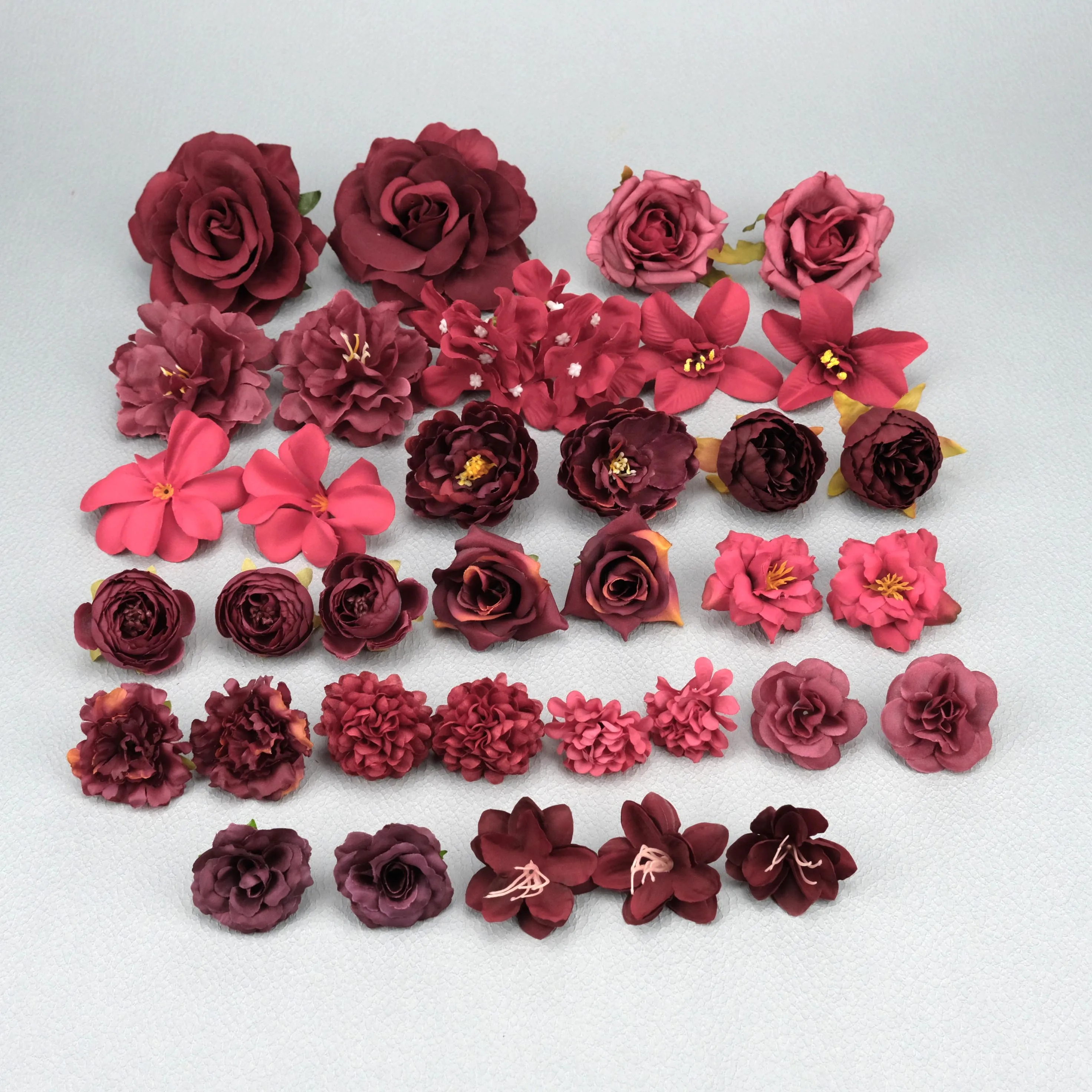 35Pcs Burgundy Artificial Silk Flower Head in Bulk Material Pack For DIY Garland Hairclip Scrapbook Accesories