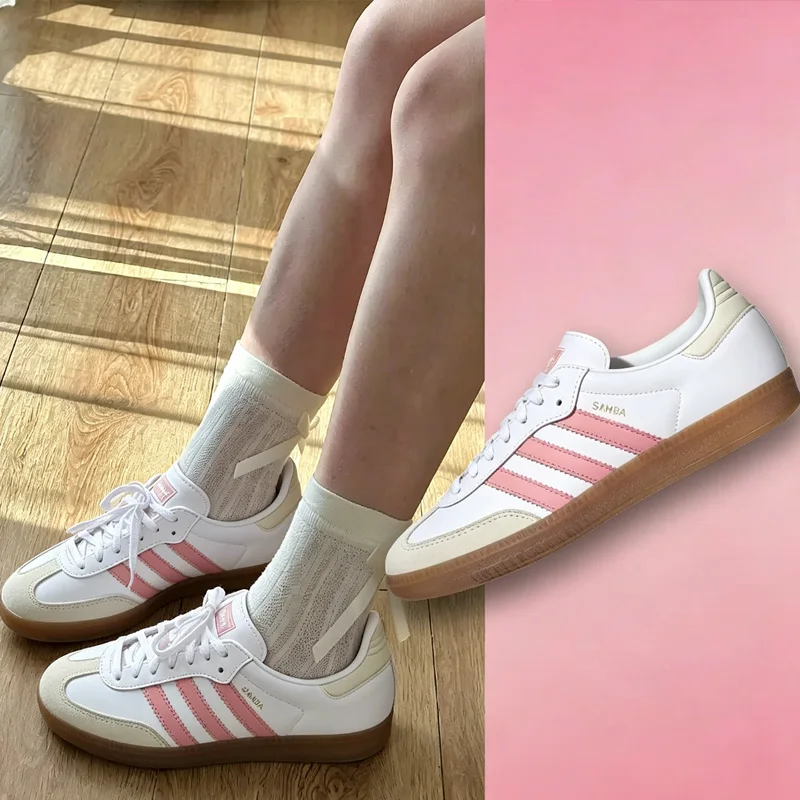Adidas JI2677 Ladies Retro Leather Trainers White Pink Gum Outsole Classic Three Stripes Lightweight Comfort Street  Sneakers