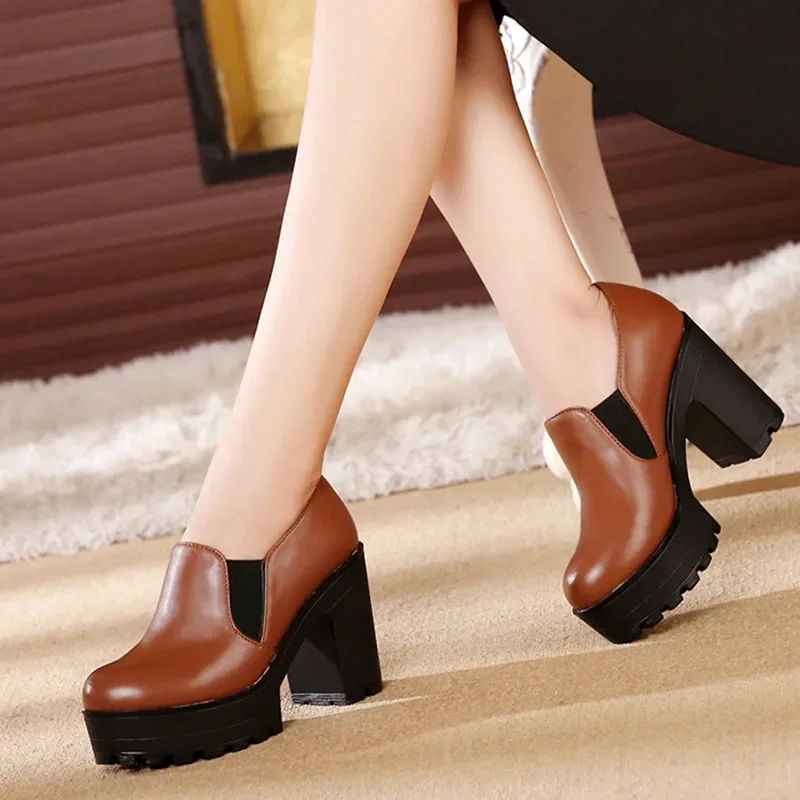 Comfortable Thick Bottom Platform Shoes Deep mouth Soft Leather Pumps Fall 2024 Block High Heels Shoes for Office Model Dance