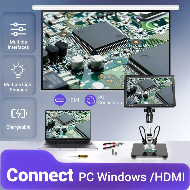 مجهر Mustool DM1210 مع شاشة IPS LCD عالية الدقة مقاس 1.1 بوصة، ضوء LED قابل للتعديل، تصوير عالي الجودة وCMO