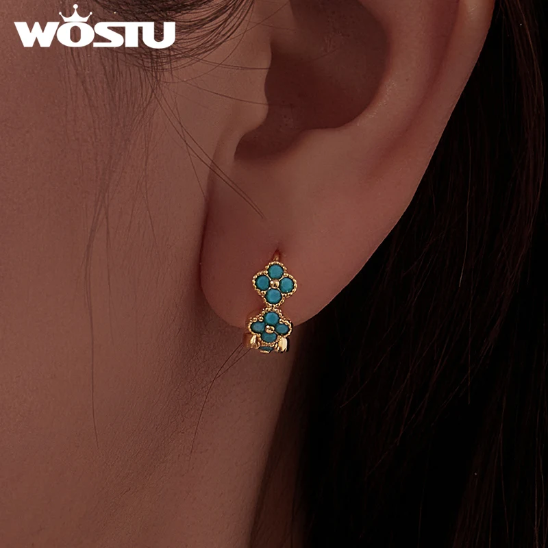 WOSTU Clover Turquoise Huggie Earrings Chain Bracelet For Women, 18K Gold Plated Lucky Clover Wedding Jewelry set Wholesale