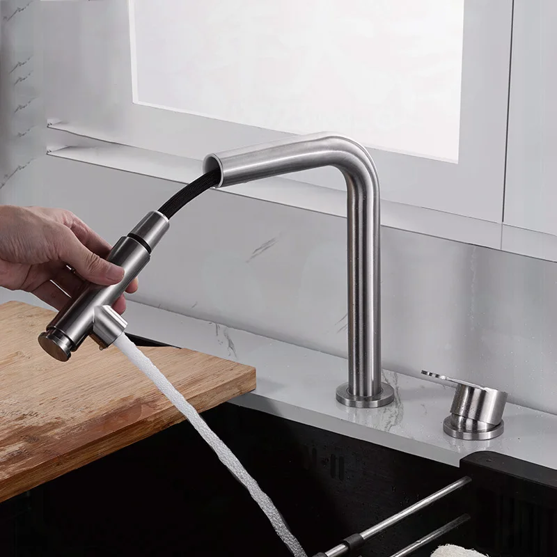 360 Swivel Cold Hot WaterKitchen Faucet Pull Out Sprayer Hidden Lifting Faucet Telescopic Sink Tap  Mixer Tap Double Hole Split