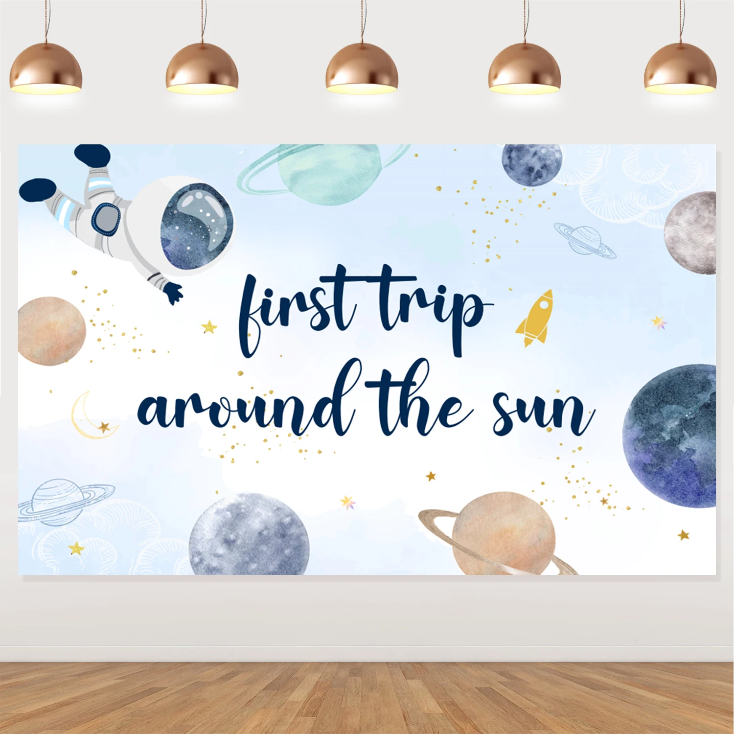 Space Astronaut Theme First Trip Around the Sun Background with Starry Sky Alien Planet Pattern Boy Baby Shower Party Supplies