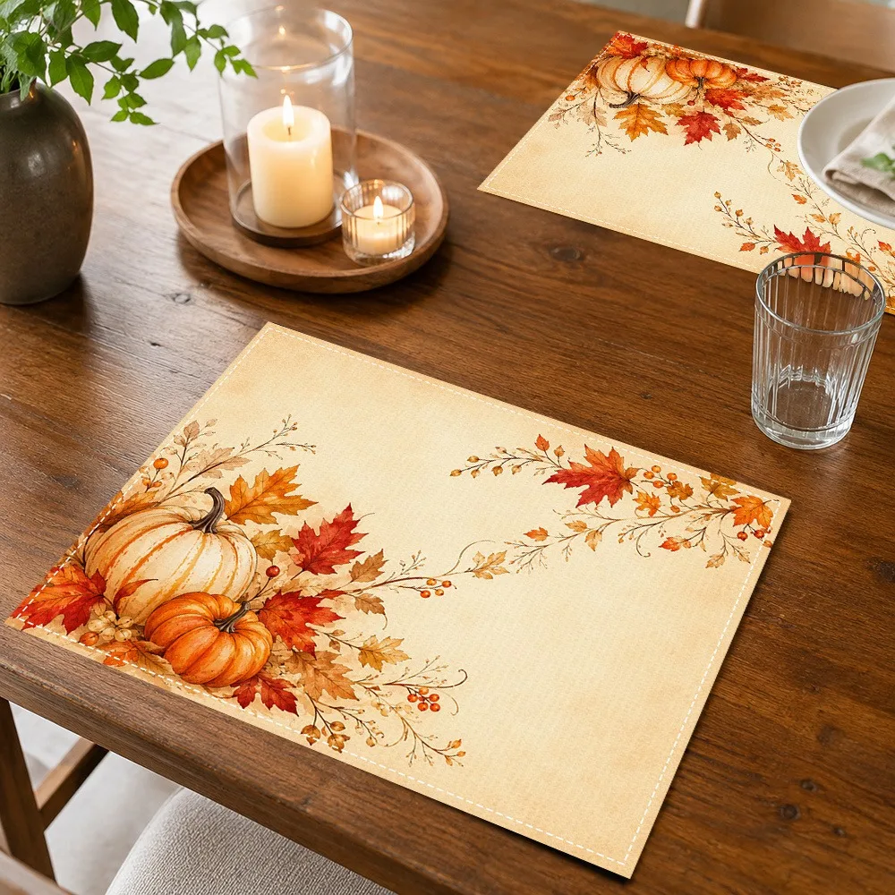 Retro Watercolor Fall Foliage Placemats Maple Leaf Print Table Mats Rustic Autumn Style Kitchen Dinner Table Decor